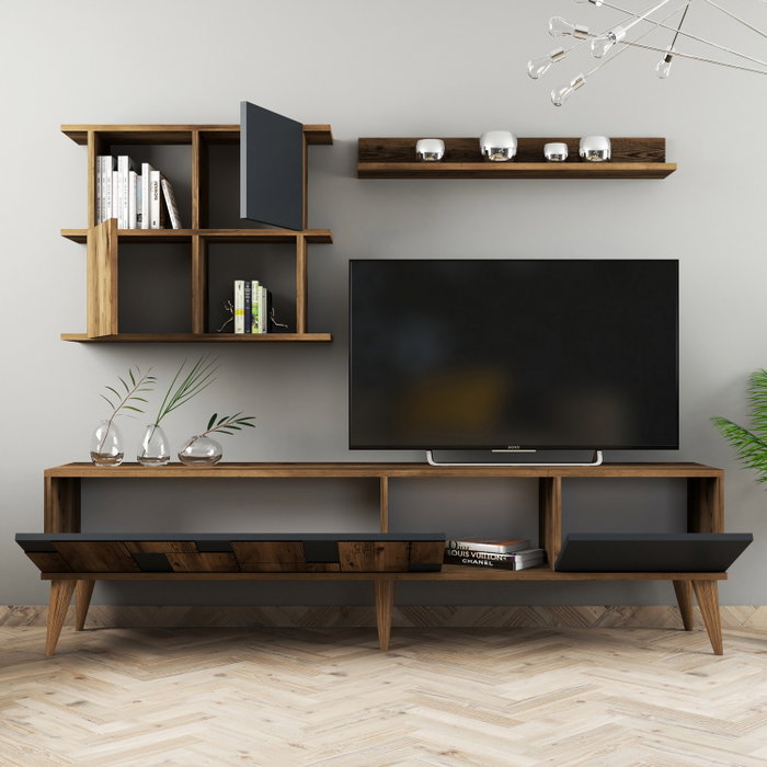 Hanah Home Madrid - Mueble de TV y Estantes de Pared Nogal y Antracita
